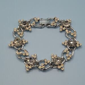 Vintage Creamy White Flower Bracelet, Clear Rhinestones, Mid-Century
